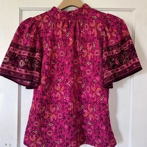 Women's Loft Floral Paisley Stripes Gauzy Pink Orange Gathered Neck Size: XS